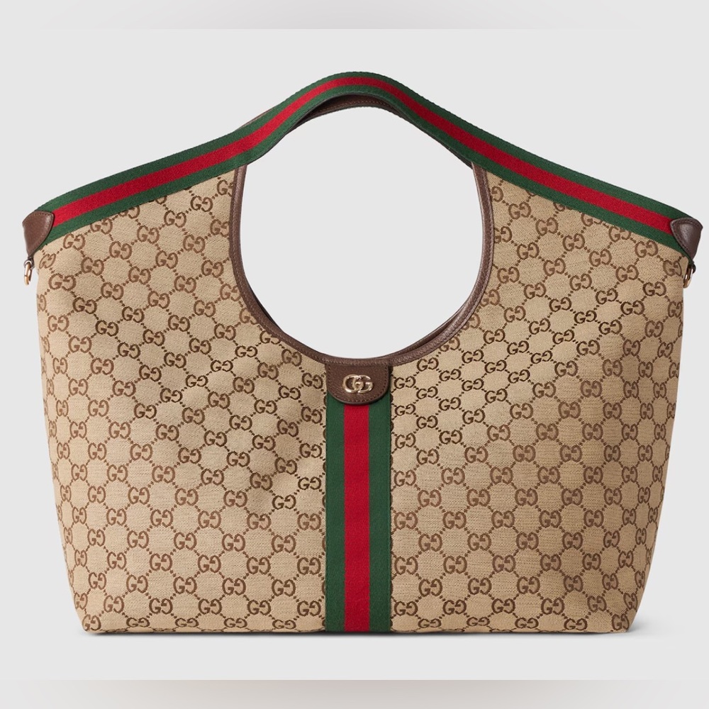 Gucci Giglio large tote bag Beige and Brown with Red and Green Stripes